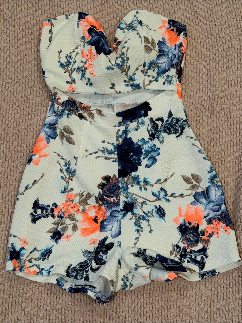 Fashion Nova Strapless White Floral Romper with Navy & Coral Accents